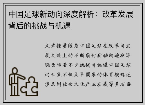 中国足球新动向深度解析：改革发展背后的挑战与机遇