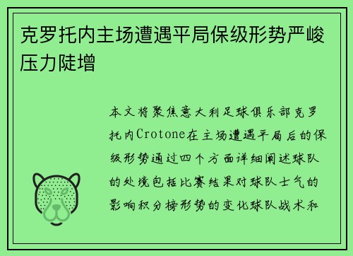 克罗托内主场遭遇平局保级形势严峻压力陡增