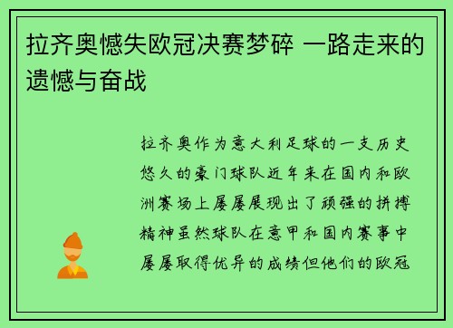 拉齐奥憾失欧冠决赛梦碎 一路走来的遗憾与奋战